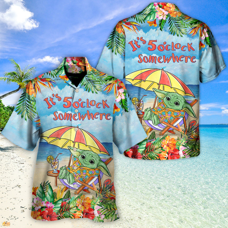 Disney Star Wars Hawaiian Shirt Summer Beach Starwars Baby Yoda In The Beach It's 5 O'clock Somewhere Aloha Button Up Shirt - 90scloth.jpg