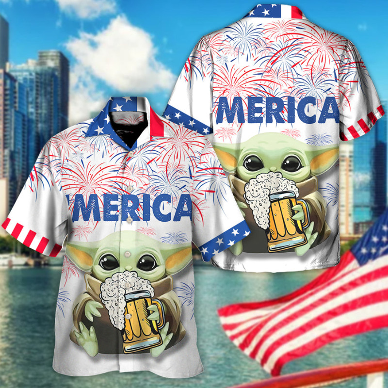 Disney Star Wars Hawaiian Shirt Summer Beach Starwars Baby Yoda With Beer 4th Of July Independence Day Aloha Button Up Shirt - 90scloth.jpg