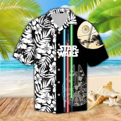 disney star wars hawaiian shirt summer beach starwars millennium falcon death star light saber tropical aloha button up