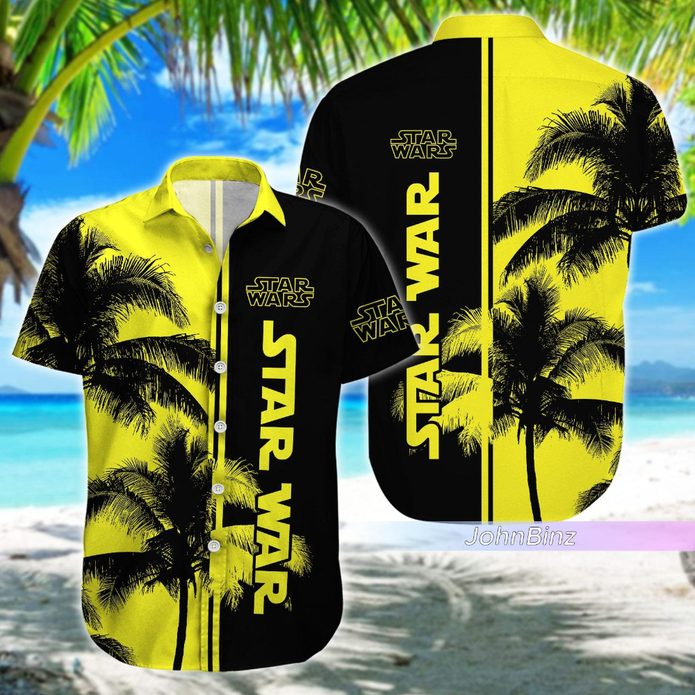 Disney Star Wars Hawaiian Shirt Summer Beach Starwars Palm Tree Black Yellow Aloha Button Up Shirt - 90scloth.jpg