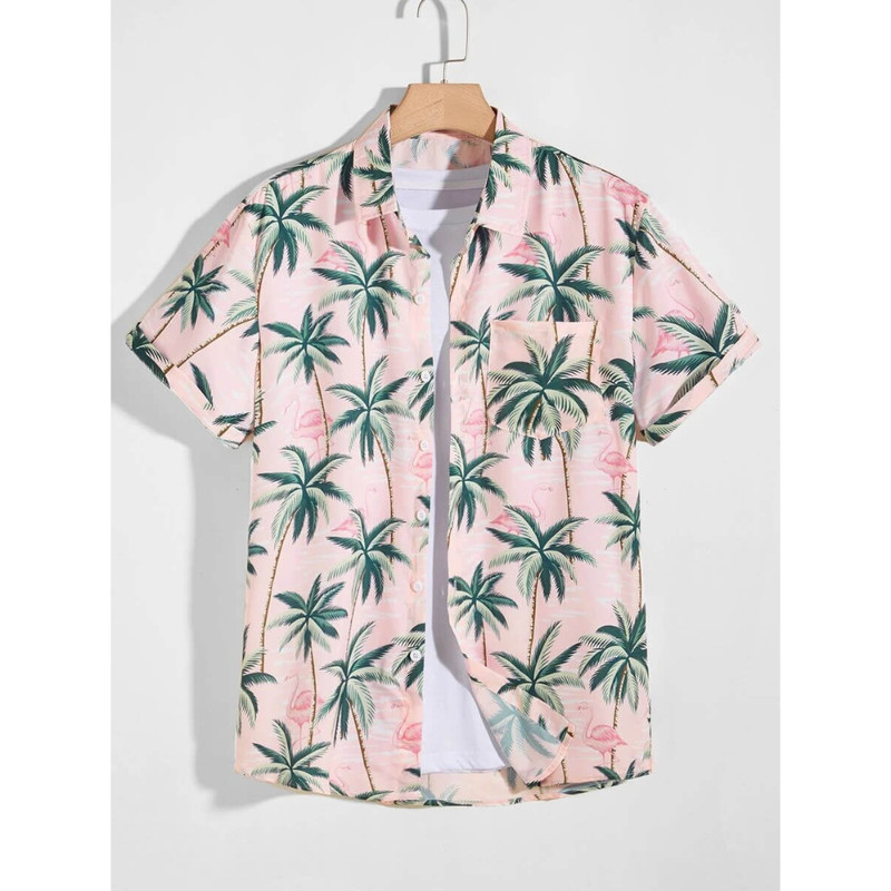 Flamingo & Tree Hawaiian Button Up Shirt Summer Beach Flamingo Aloha Shirt - 90scloth.jpg