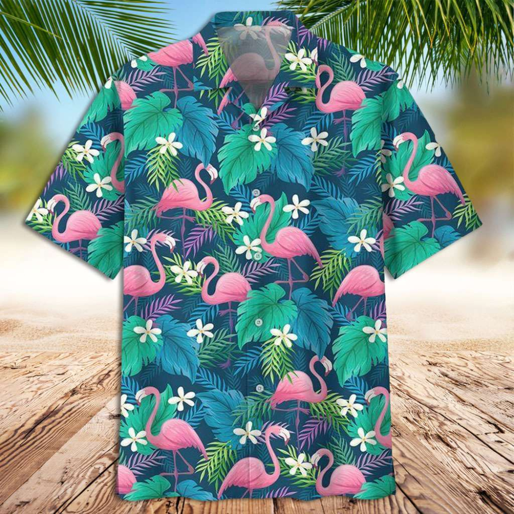 Flamingo And Palm Leaves Hawaiian Button Up Shirt Summer Beach Flamingo Aloha Shirt - 90scloth.jpg