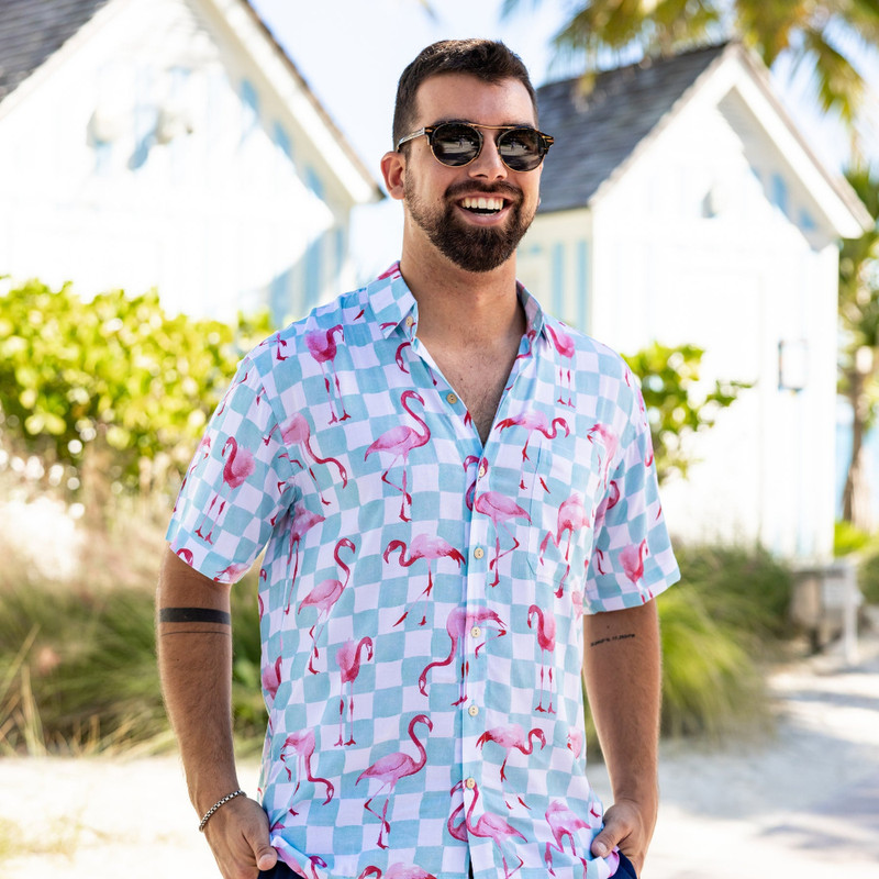 Flamingo Blue White Pattern Hawaiian Button Up Shirt Summer Beach Flamingo Aloha Shirt - 90scloth.jpg