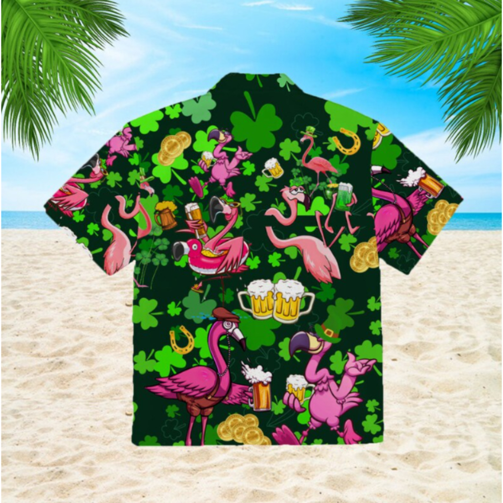 Flamingo Drinking Beer Patrick's Day Hawaiian Button Up Shirt Summer Beach Flamingo Aloha Shirt - 90scloth.jpg
