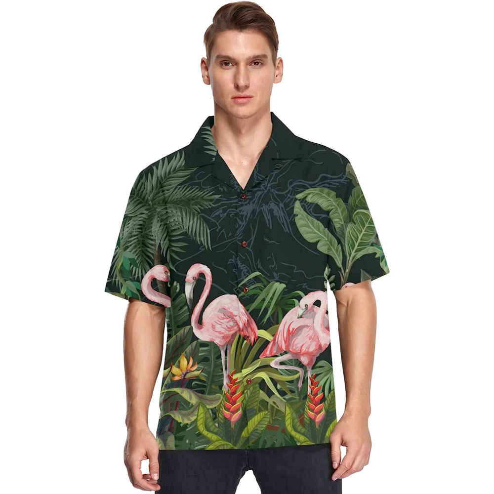 Flamingo Green Hawaiian Button Up Shirt Summer Beach Flamingo Aloha Shirt - 90scloth.jpg