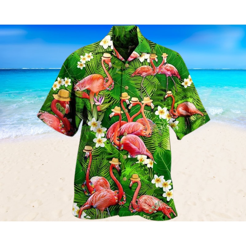 Flamingo Green Tropical Hawaiian Button Up Shirt Summer Beach Flamingo Aloha Shirt - 90scloth.jpg