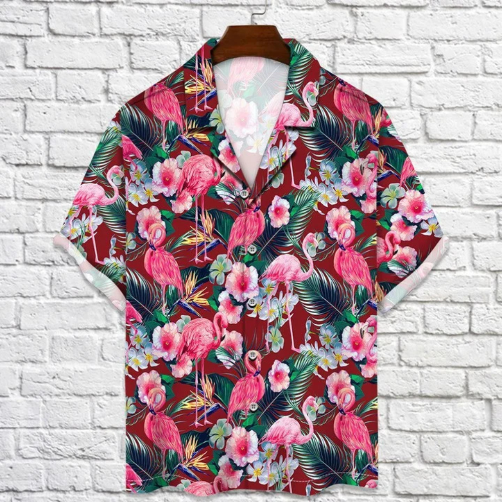 Flamingo Rain Forest Jungle Red Palm Leaves Pattern Hawaiian Button Up Shirt Summer Beach Flamingo Aloha Shirt - 90scloth.jpg