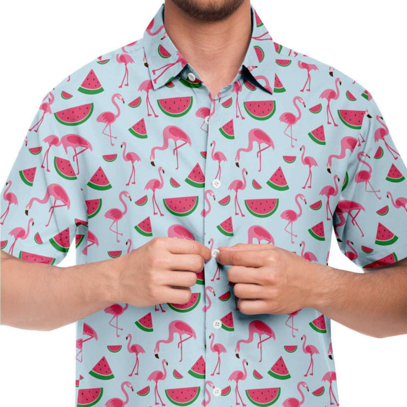 Flamingo Watermelon Hawaiian Button Up Shirt Summer Beach Flamingo Aloha Shirt - 90scloth.jpg
