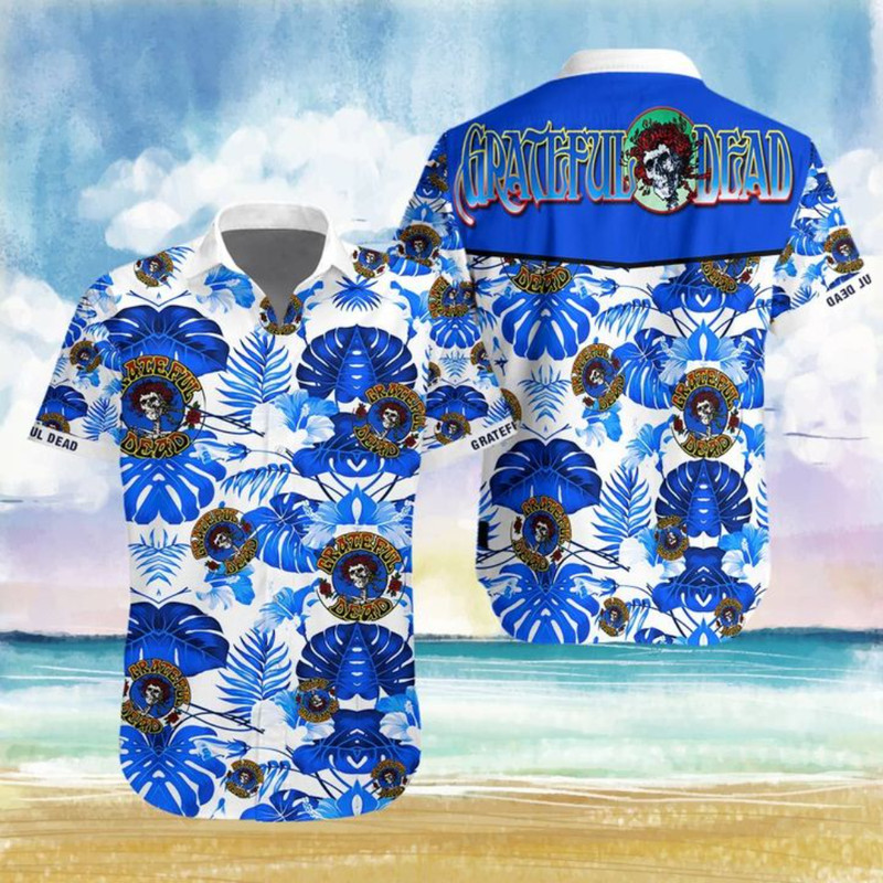 Grateful Dead Hawaiian Button Up Shirt Summer Beach Grateful Dead Hibiscus Tropical Blue White Aloha Shirt - 90scloth.jpg