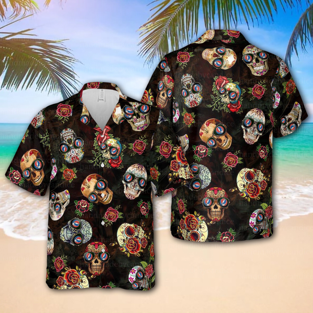 Grateful Dead Hawaiian Button Up Shirt Summer Beach Grateful Dead Vintage Skull Floral Aloha Shirt - 90scloth.jpg
