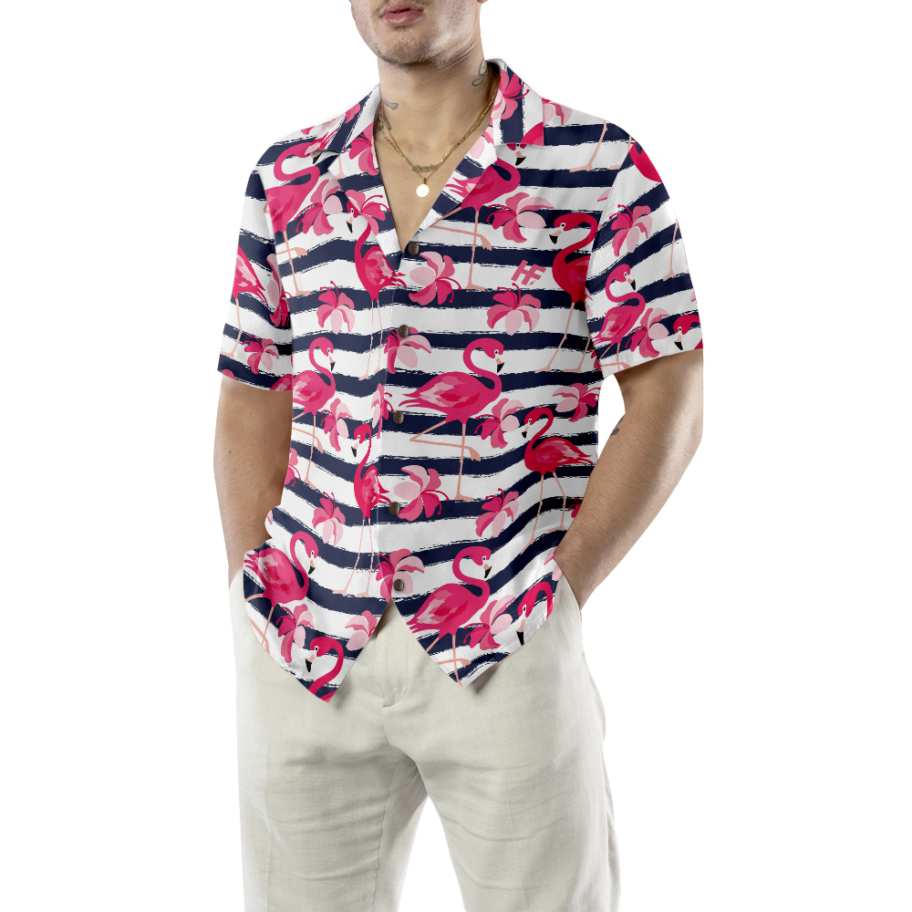 Hibiscus Lines Pattern Flamingo Black Hawaiian Button Up Shirt Summer Beach Flamingo Aloha Shirt - 90scloth.jpg