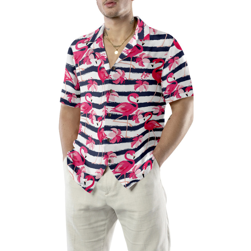Hibiscus Lines Pattern Flamingo Black Hawaiian Button Up Shirt Summer Beach Flamingo Aloha Shirt - 90scloth.jpg