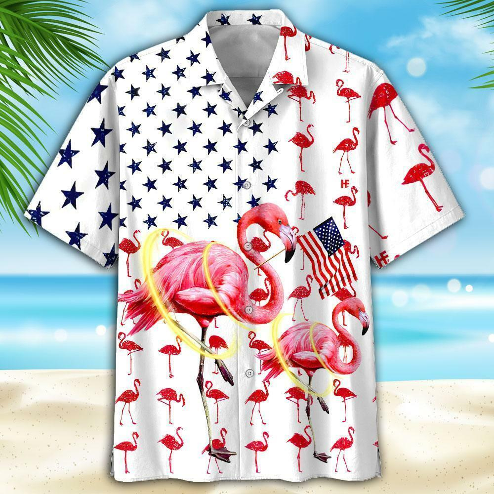 Independence Day USA Flag Flamingo Hawaiian Button Up Shirt Summer Beach Flamingo Aloha Shirt - 90scloth.jpg
