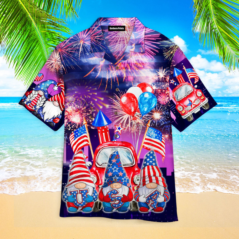 Independence USA Flag America Gnome 4th Of July Hawaiian Button Up Shirt Summer Beach Patriotic Aloha Shirt - 90scloth.jpg