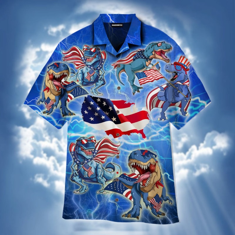 Independence USA Flag Amerisaurus Rex 4th Of July Hawaiian Button Up Shirt Summer Beach Patriotic Aloha Shirt - 90scloth.jpg