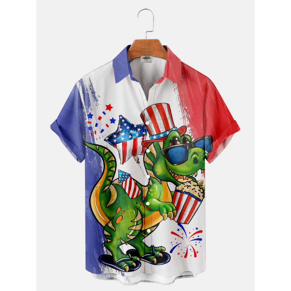 Independence USA Flag And Dinosaurs 4th Of July Hawaiian Button Up Shirt Summer Beach Patriotic Aloha Shirt - 90scloth.jpg