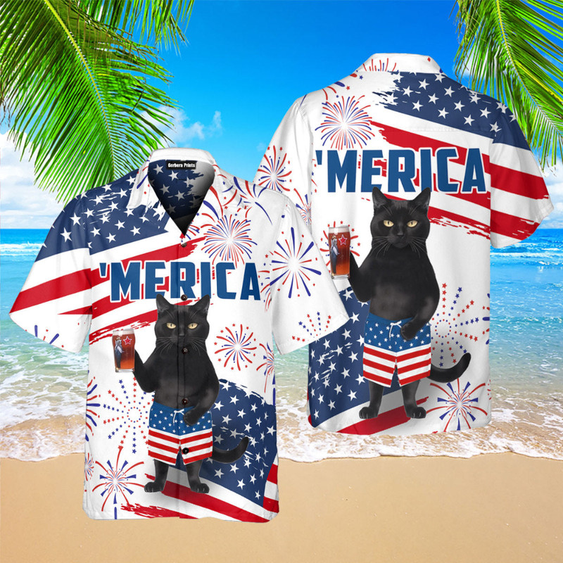 Independence USA Flag Black Cat 4th Of July Hawaiian Button Up Shirt Summer Beach Patriotic Aloha Shirt - 90scloth.jpg