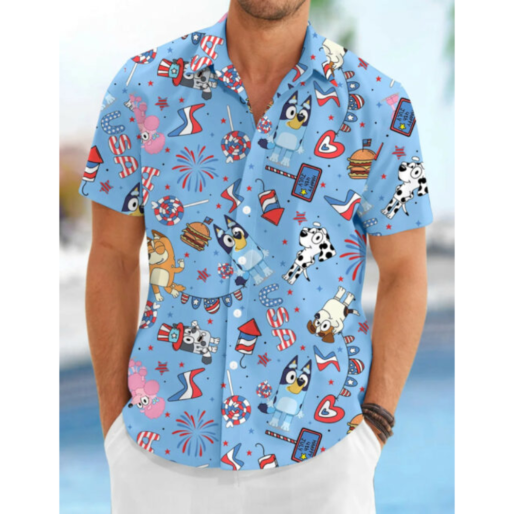 Independence USA Flag Bluey Fireworks 4th Of July Hawaiian Button Up Shirt Summer Beach Patriotic Aloha Shirt - 90scloth.jpg