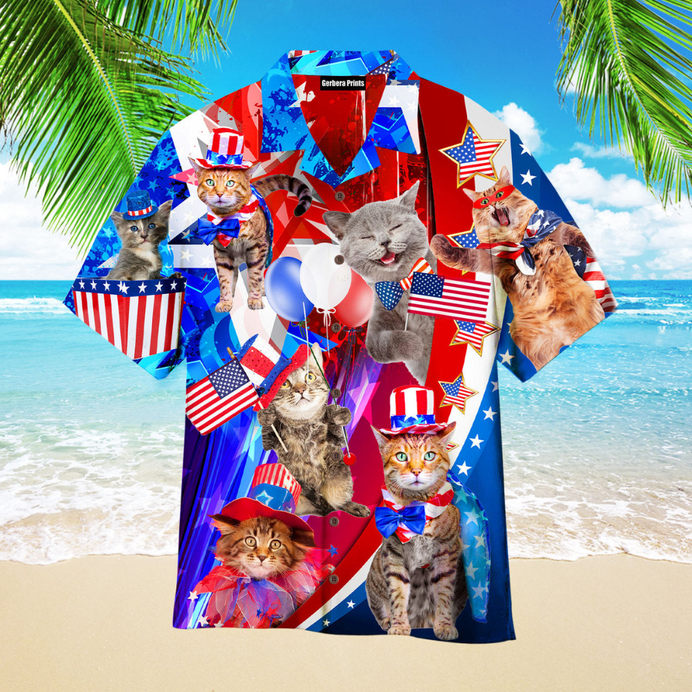 Independence USA Flag Cat Happy Pattern 4th Of July Hawaiian Button Up Shirt Summer Beach Patriotic Aloha Shirt - 90scloth.jpg
