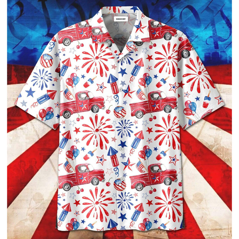 Independence USA Flag Classic Truck Fireworks 4th Of July Hawaiian Button Up Shirt Summer Beach Patriotic Aloha Shirt - 90scloth.jpg