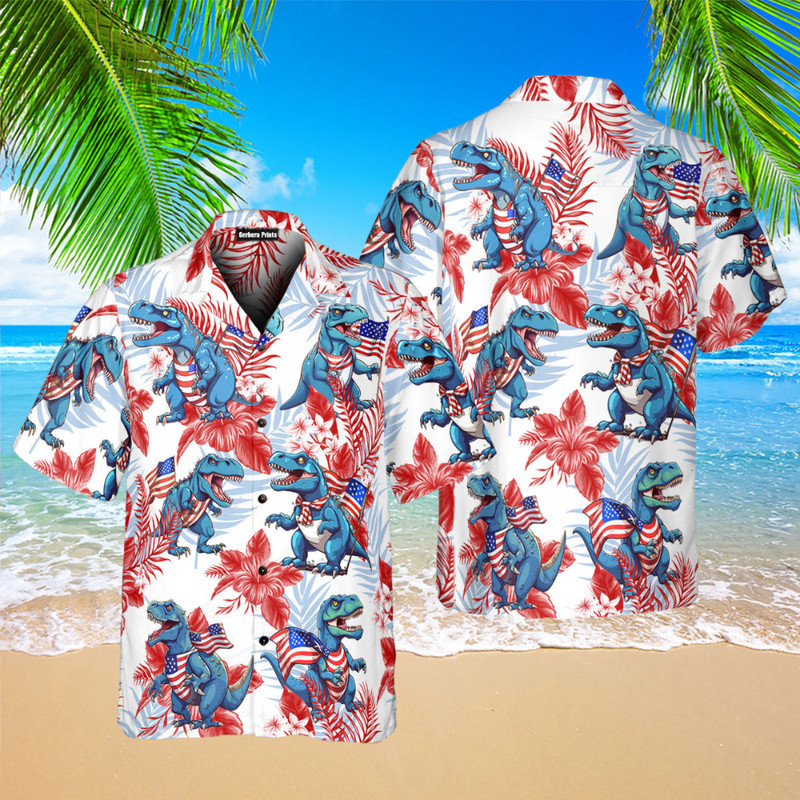 Independence USA Flag Dinosaur Tropical 4th Of July Hawaiian Button Up Shirt Summer Beach Patriotic Aloha Shirt - 90scloth.jpg
