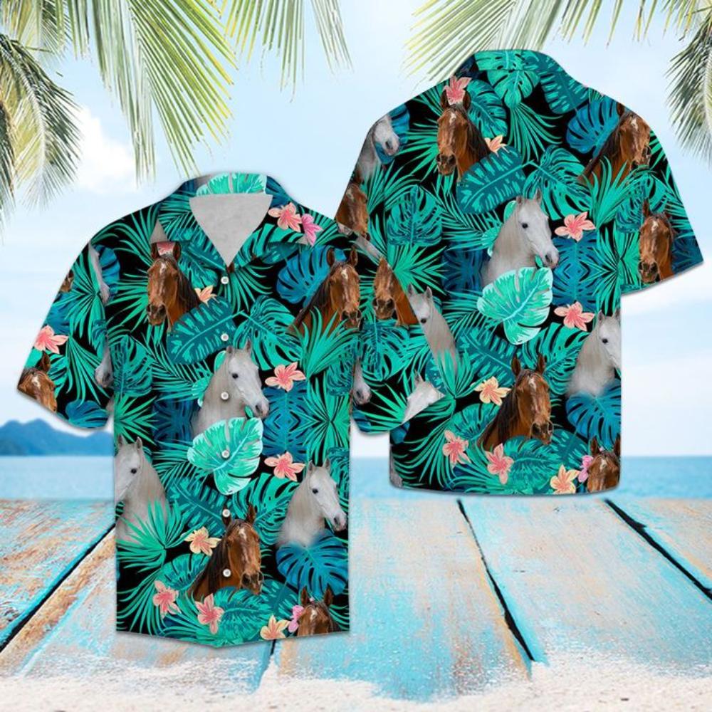Arabian Horse Green Tropical Hawaiian Shirt Summer Button Up.jpg