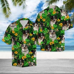 australian shepherd tropical wild flower hawaiian shirt summer button up