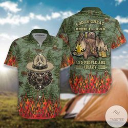 bear camping god is great beer is good and people are crazy hawaiian shirt