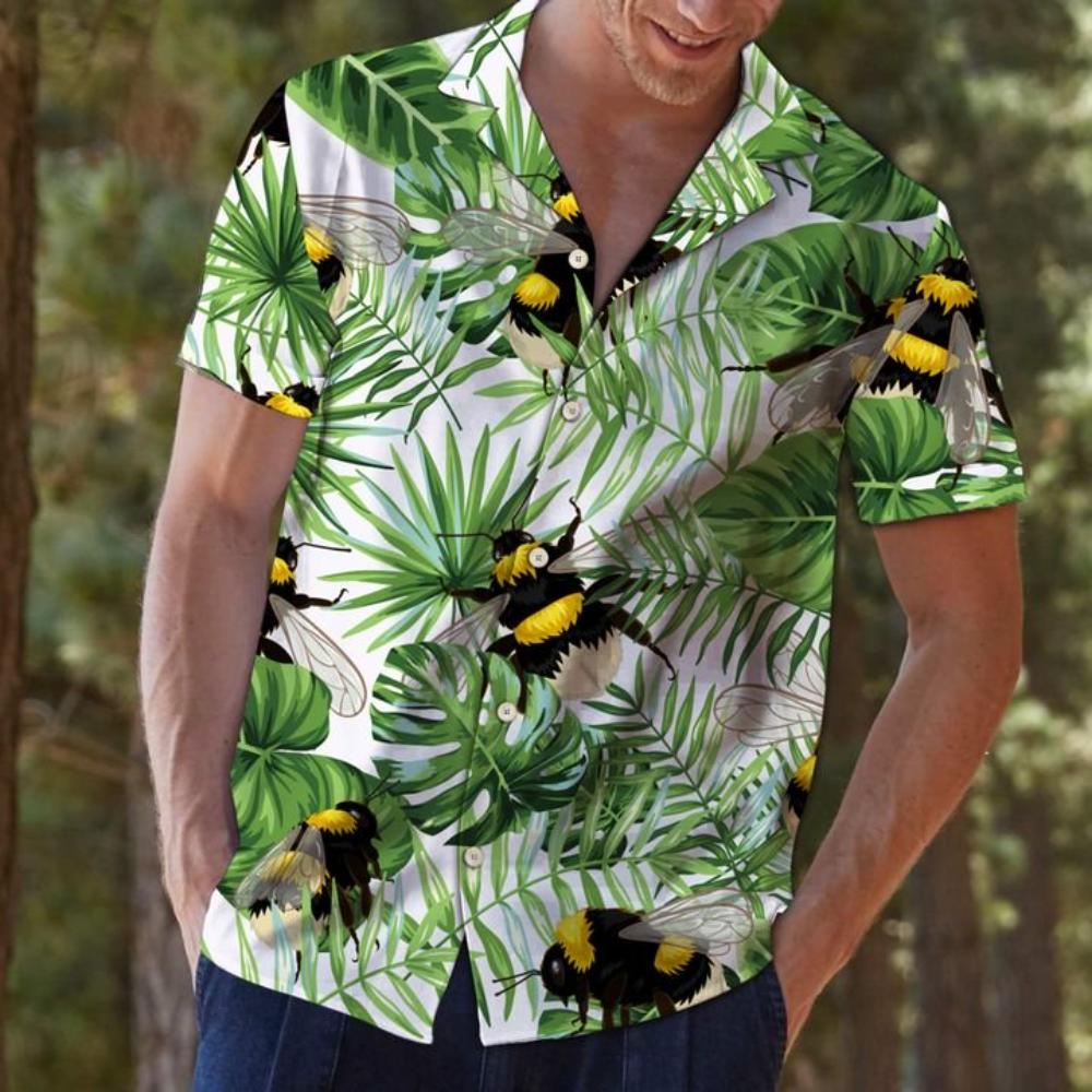 Bee Green Tropical Leaves Hawaiian Shirt Summer Button Up.jpg