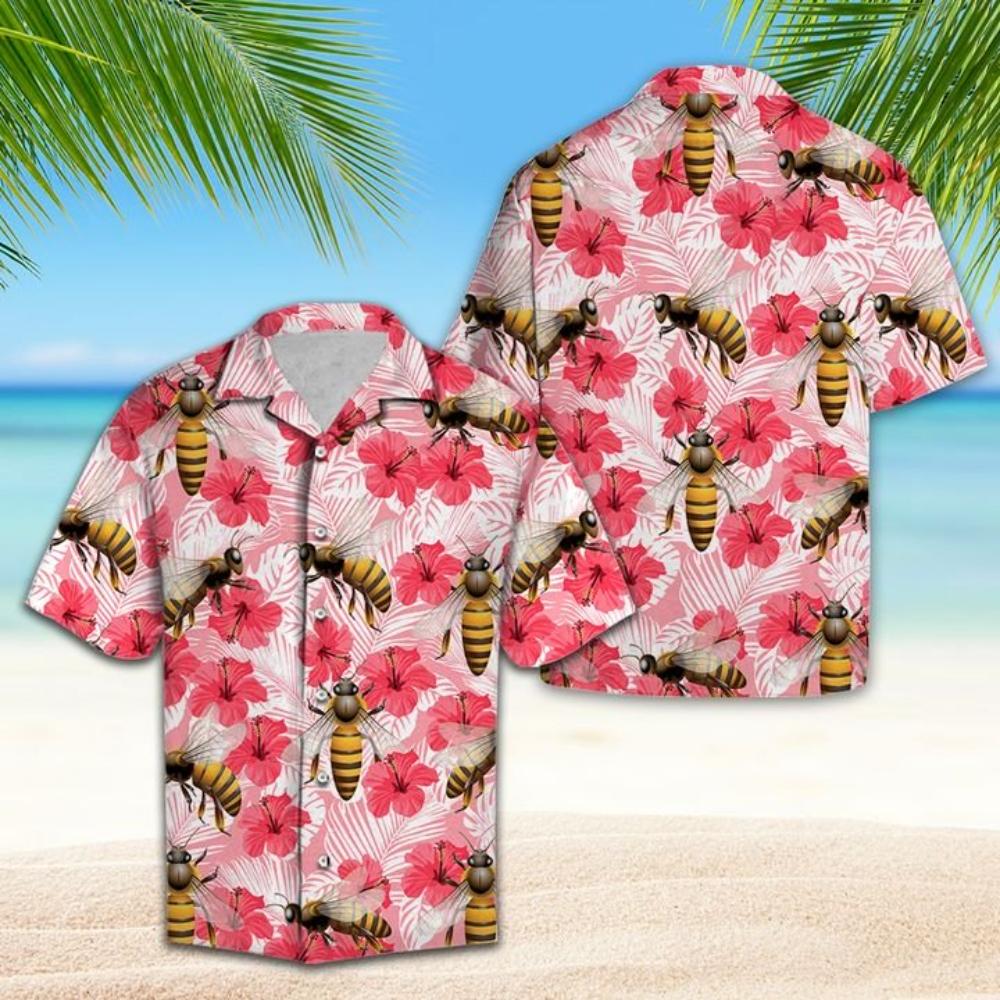 Bee Tropical Flowers Hibiscus Hawaiian Shirt Summer Button Up.jpg