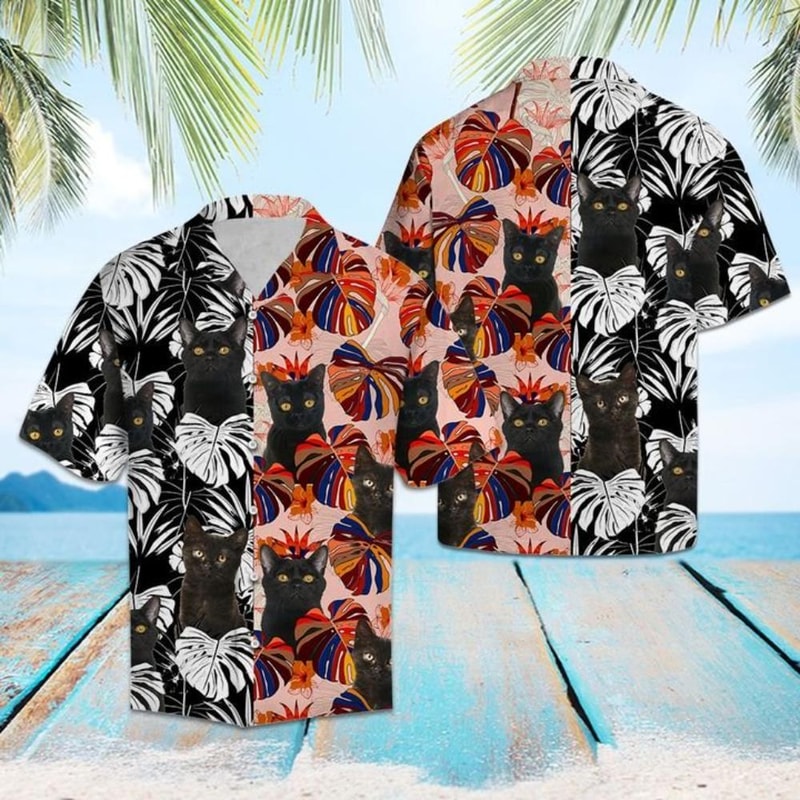 Black Cat Floral Hawaiian Shirt Summer Button Up 1.jpg