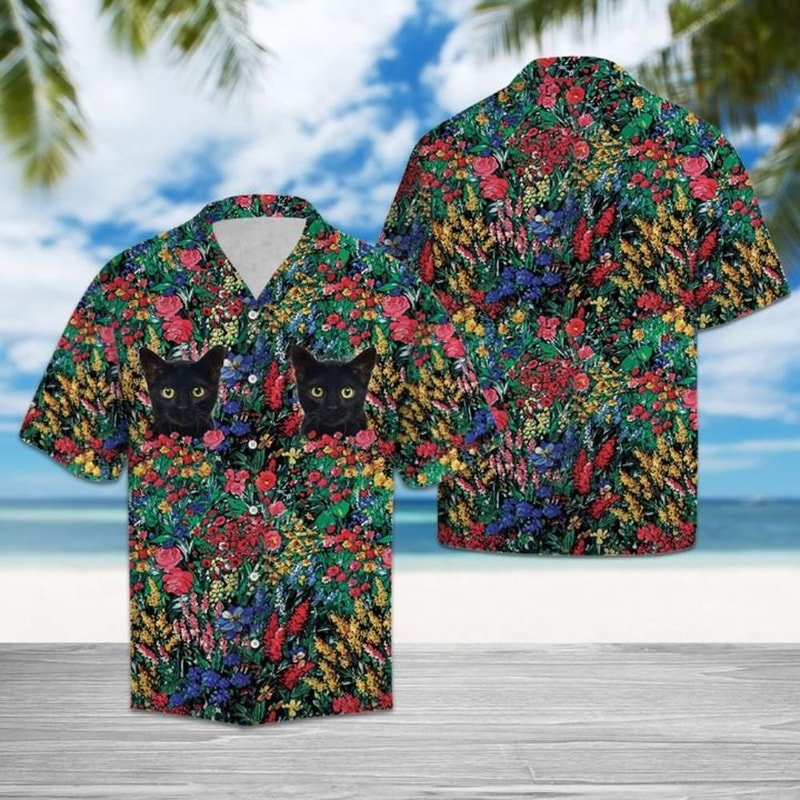 Black Cat Flowers Hawaiian Shirt Summer Button Up.jpg