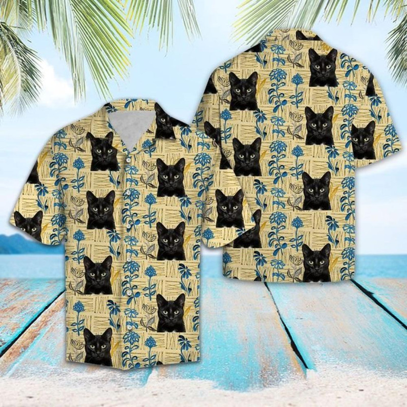 Black Cat Pattern Hawaiian Shirt Summer Button Up.jpg