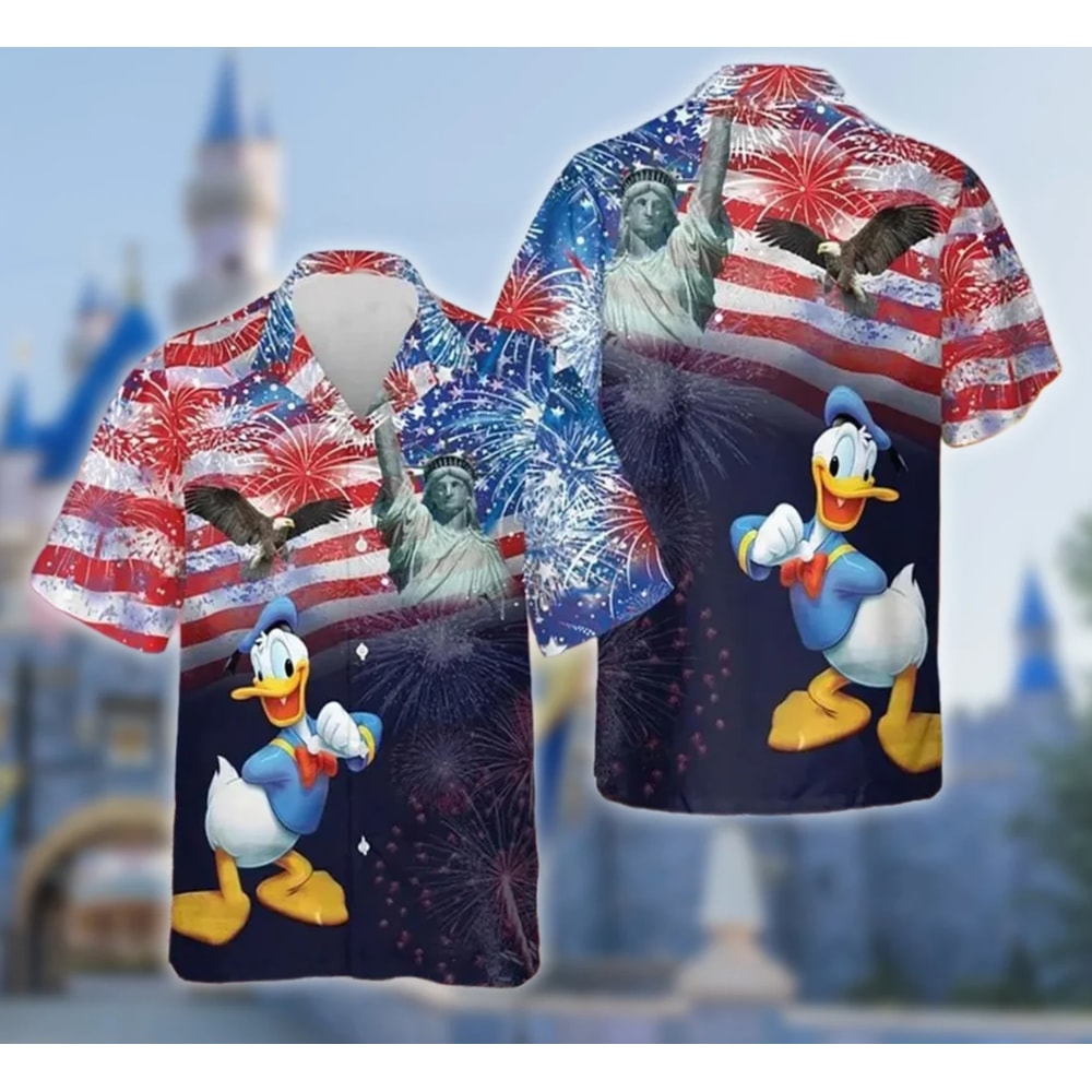 Cute Duck Character 4Th July Hawaiian Shirt, Duck Cartoon Character Fourth Of July Hawaii Button Up, Funny Cartoon Duck All Over Print Shirt.png