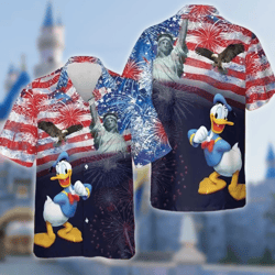 cute duck character 4th july summer shirt, duck cartoon character fourth of july hawaii button up, funny cartoon duck
