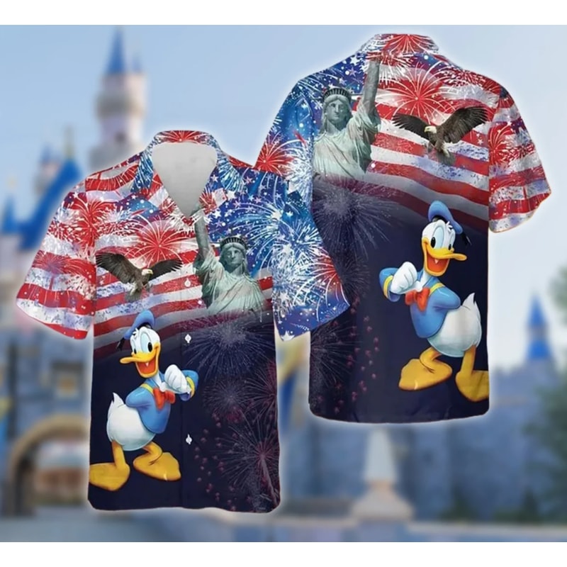 Cute Duck Character 4Th July Hawaiian Shirt, Duck Cartoon Character Fourth Of July Hawaii Button Up, Funny Cartoon Duck All Over Print Shirt.png