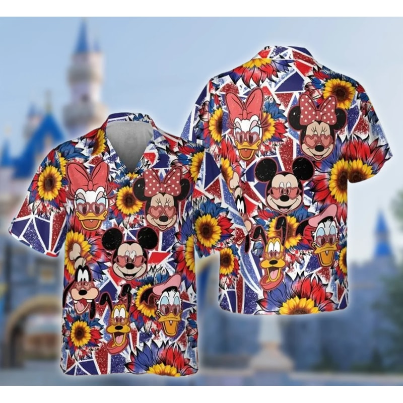Mouse Character And Friends July 4th Hawaiian Shirt, Cartoon Characters All Over Print Shirt, Funny Mouse Fourth Of July Hawaii Shirt.png