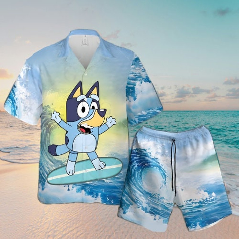 Bluey Surfing Hawaiian Shirt, Summer Shirts, Hawaiian Style, Hawaiian Shirt, Bluey Family Shirt, Bluey Shirt, Beach Shirt, Cartoon Shirt.jpg