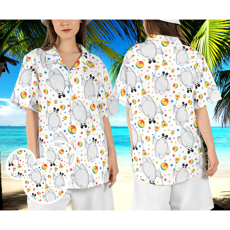 Baymax Pixar Ball Hawaiian Shirt, Disneyland Pixar Fest 2024 Hawaii Shirt, Big Hero Beach Aloha Shirt, Baymax Mickey Ears Button Shirt.jpg