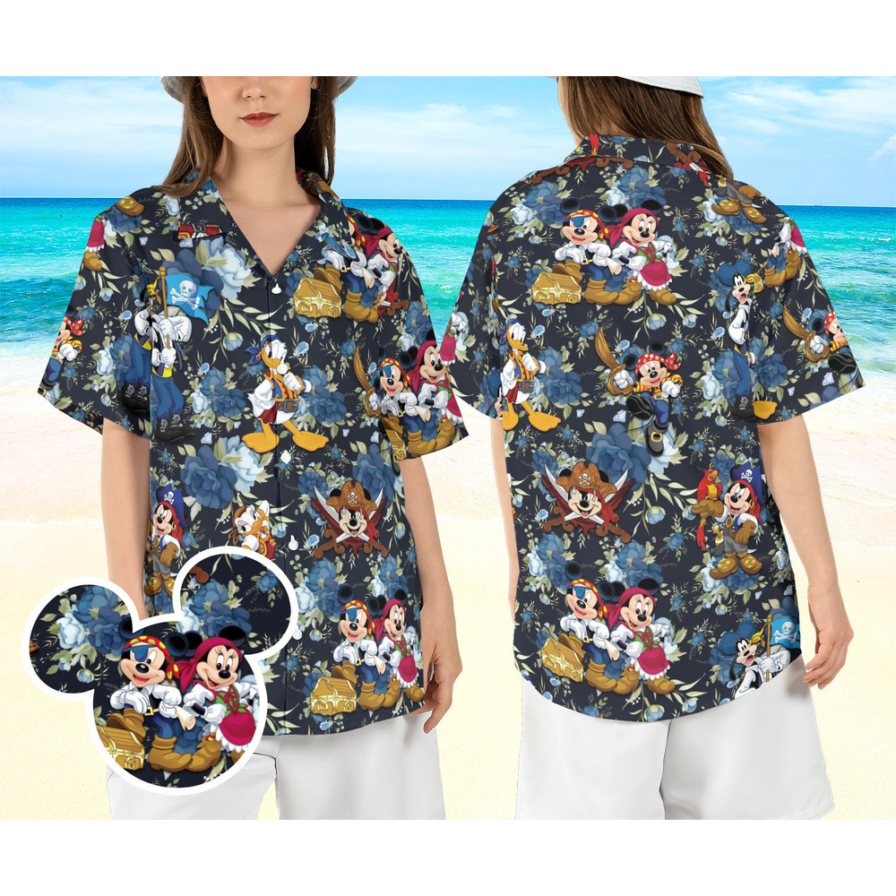 Floral Mickey & Friends Pirates Hawaiian Shirt, Pirates of Caribbean Hawaii Shirt, Disneyland Pirates Cruise Aloha Shirt, Beach Button Shirt.jpg
