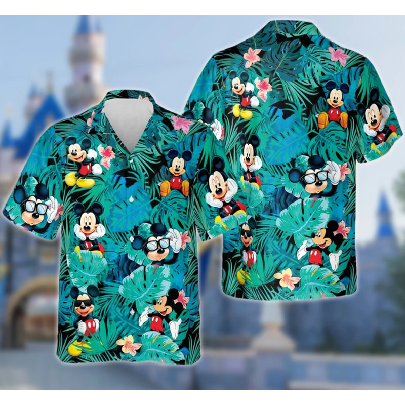 Mickey Mouse Hawaiian Shirt, Mickey Mouse Wear Sunglass Pattern Aloha Shirt, Summer Vacation Family Shirt, Tropical Button Up.png