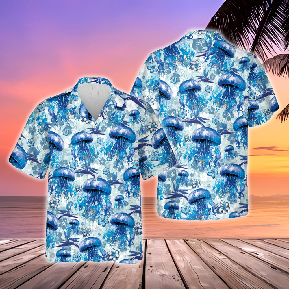 Blue Jellyfish Hawaiian Shirt, Aloha Summer Button Down Shirt, Vacation Summer Vibes, Jelly Fish Hawaiian Shirt.jpg