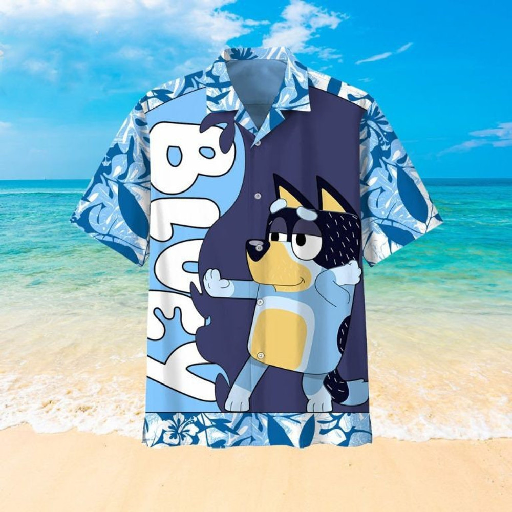 Bluey Hello Summer Button Up Hawaiian Shirt, Blue Dog Family Shirt, Dad Shirt, Blue Dog Hawaiian Shirt, gift for friend, gift for summer.jpg