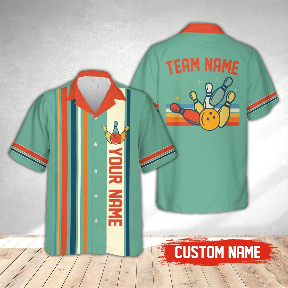 Personalized Retro Bowling Hawaiian Shirt, Custom Name Bowler Button Down Shirt, Matching Bowling Team Shirt, Bowling Lover Gift 1.jpg