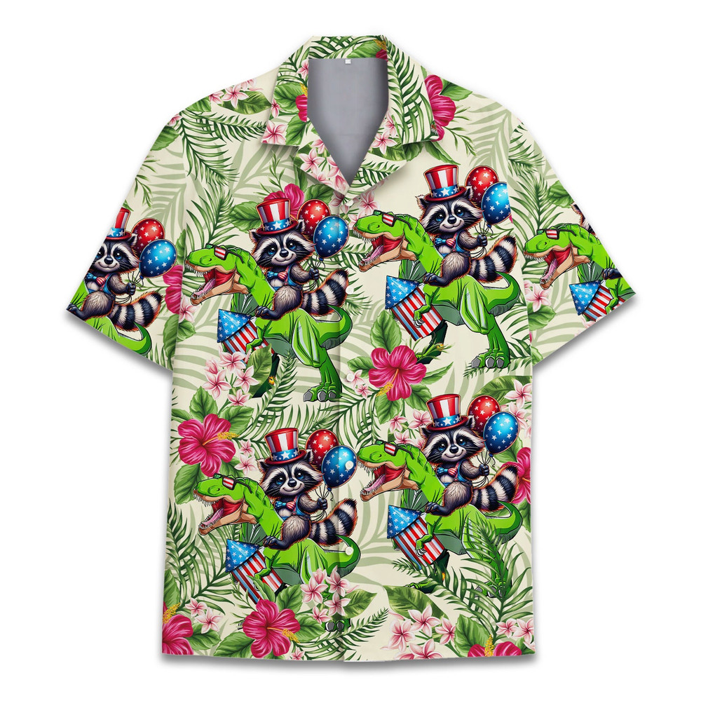 Raccoon Riding Dinosaur American Flag Hawaiian Shirt Men Women, Patriotic Hawaiian Shirt, Raccoon Button Up, 4th of July Shirt.jpg