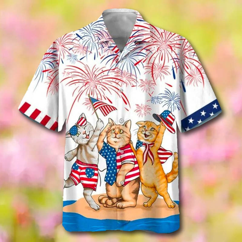 American Shorthair Independence Day Hawaiian Shirt, Cat America Flag Hawaii Shirt, Cats 4th of July Gift, Cute Cat Short Sleeve Button Down.jpg