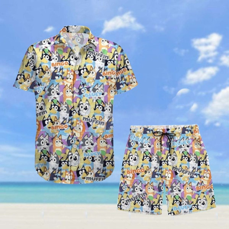 Bingo Muffin Haiwaiian Shirt, Bingo Hawaiian Shirt, Bandit Heeler Hawaiian Shirt, Father's Day, Family Shirt, Bluey Dad Button Up Shirt.jpg