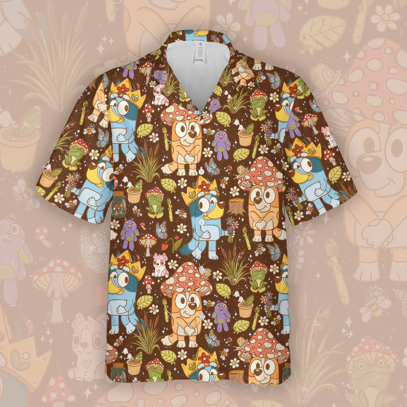 Bluey Dog Mushroom Hawaiian Shirt, Blue Dog Mushroom Shirt, Bluey Dog Shirt, Bluey Dog Mushroom Gifts Summer.jpg
