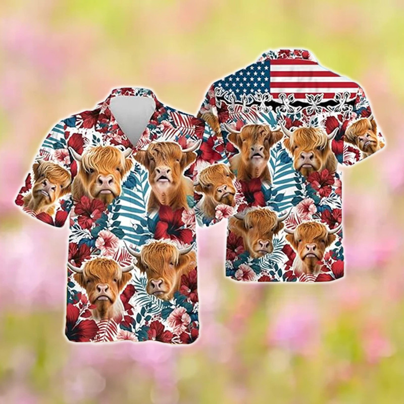 Cattle America Flag Hawaiian Shirt, Floral Cow Patriotic Hawaii Shirt, 4th of July Cow Shirt, Farm Fourth of July Tee, Independence Day Gift.jpg