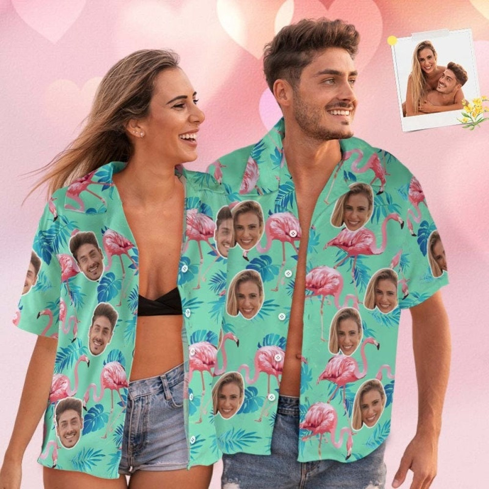 Custom Face Hawaiian Shirt Flamingo Tropical Shirt Couple Outfit ALL Over Printed Green and Palm Leaves, Personalized Hawaiian Shirt.jpg